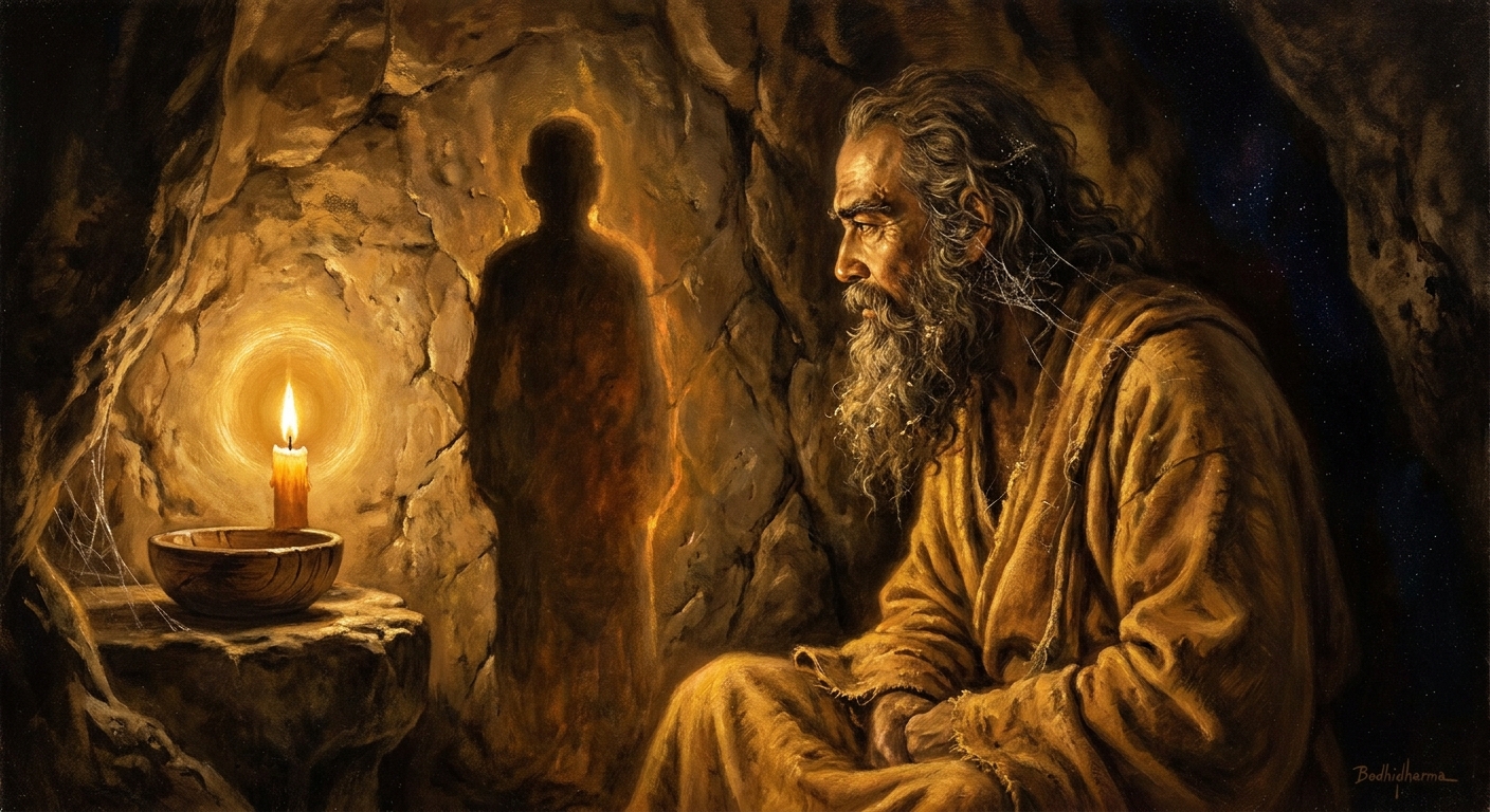 Nine years facing the cave wall at Shaolin. The shadow of his profile is said to have burned into the stone.