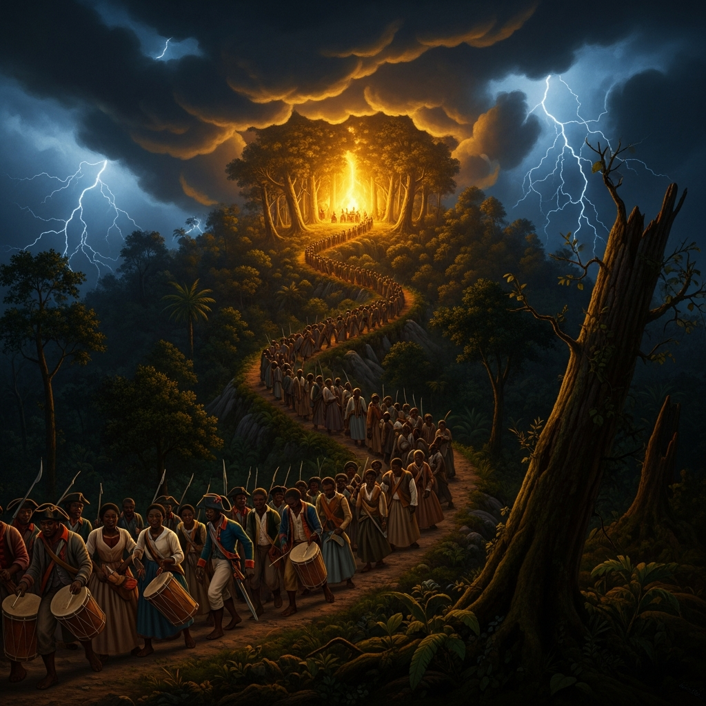 Two hundred enslaved delegates climb to the hidden clearing under thunder; the pig is brought in.