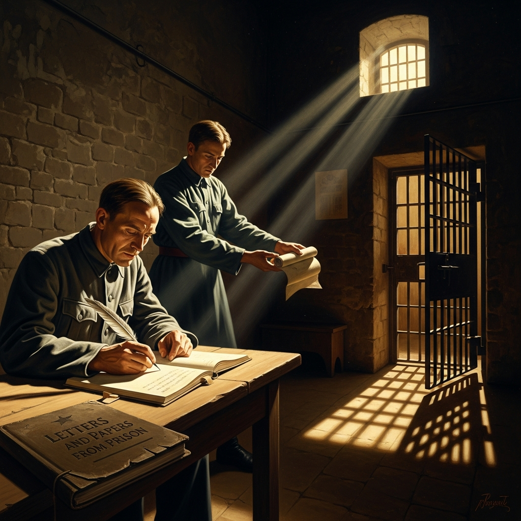 Cell 92, Tegel military prison — where Bonhoeffer writes *Letters and Papers from Prison* and is smuggled correspondence by a guard named Corporal Knobloch.