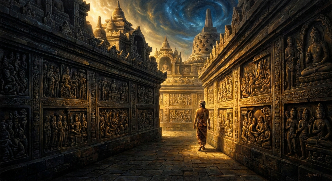 The four square galleries of Rupadhatu, the realm of form. The pilgrim circumambulates clockwise, three miles in total to walk all four levels, reading the Lalitavistara (the Buddha's life), the Jataka (his previous births), the Avadana (parallel saintly lives), and the Gandavyuha (the youth Sudhana's quest for enlightenment) carved in 1,460 panels.