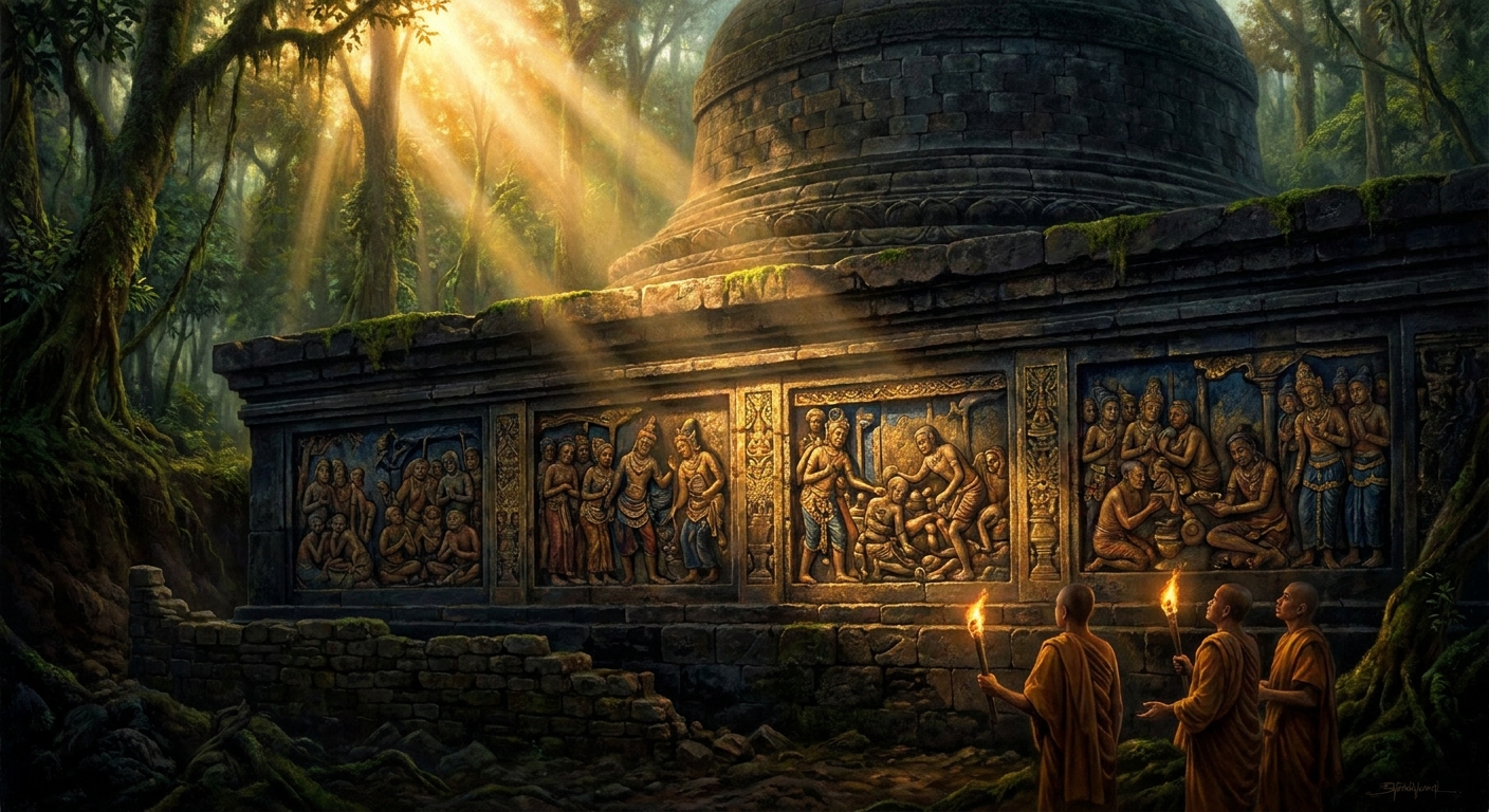 The hidden foot of Borobudur — Kamadhatu, the realm of desire. One hundred and sixty reliefs depicting the karmic consequences of greed, lust, and cruelty. The base was deliberately walled in during construction, perhaps for engineering, perhaps because the pilgrim was meant to know what lay beneath without walking it.