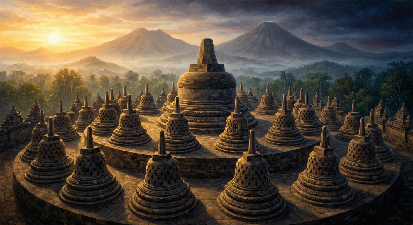 The three circular upper terraces of Arupadhatu, the formless realm. Seventy-two perforated stone stupas, each containing a seated Buddha visible through diamond-shaped lattice. At the summit, a single great central stupa — sealed, empty, no image inside. The architecture's final word.