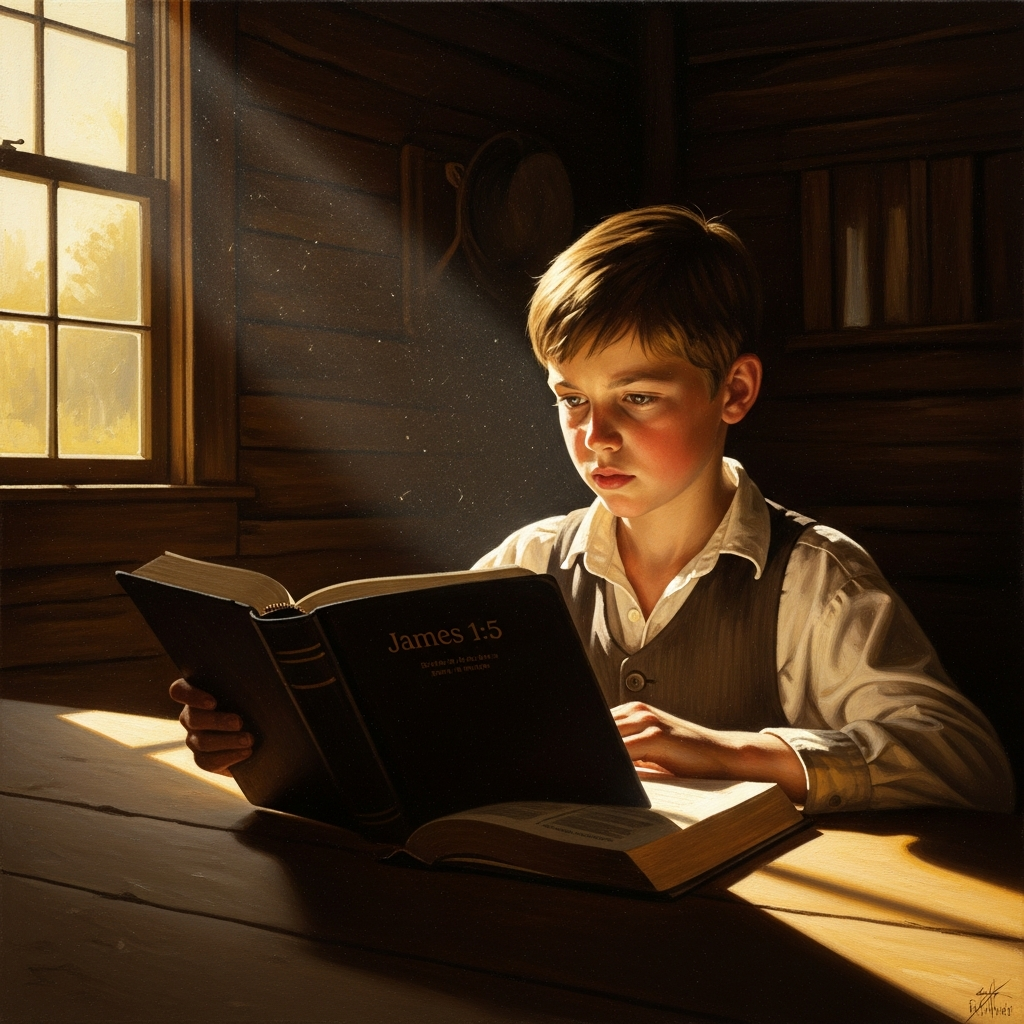 The boy reads James 1:5 in a Palmyra farmhouse during a revival summer.