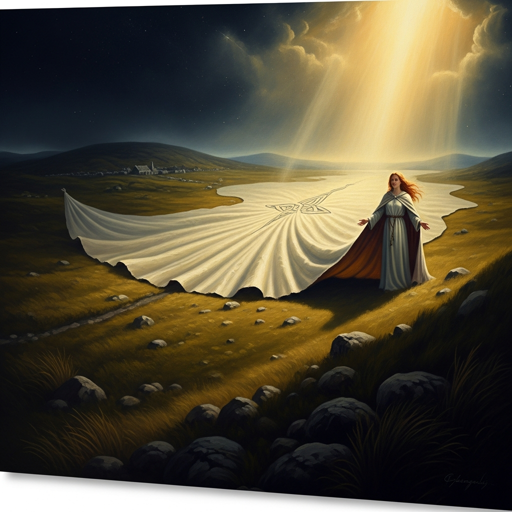 Brigid's cloak unfolds across the field of Curragh — the small garment that covers as much land as she asks of the king, the geometry of generosity made literal.