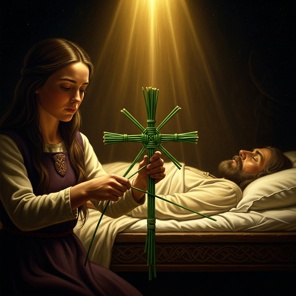 She weaves the rush cross at the deathbed of the chieftain — green stalks bent in four directions, the old religion folded into the new shape with no seam visible.