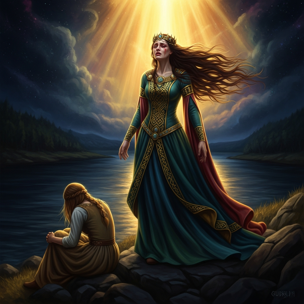 Brynhildr and Gudrun at the river's edge. The insult has been given. Brynhildr's face is absolutely still. Something inside her has just broken, and something else — something that has been waiting — has just been set free.