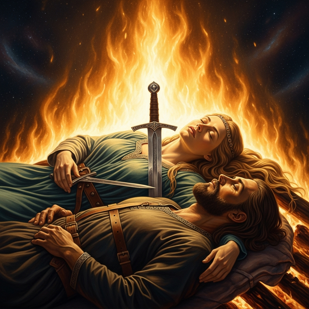 Brynhildr on the pyre. She lies down beside Sigurd with her sword between them, as she demanded. The fire takes them both. This is, the myth insists, exactly what she chose.