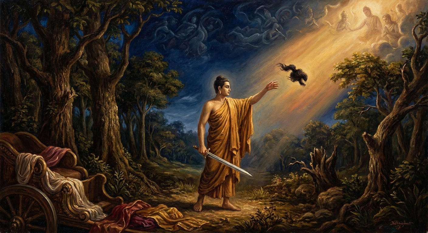 The sword draws clean through the topknot — the last act of the prince, the first act of the renunciant. Princely locks fall to the forest floor. Nothing can be untaken from this moment.