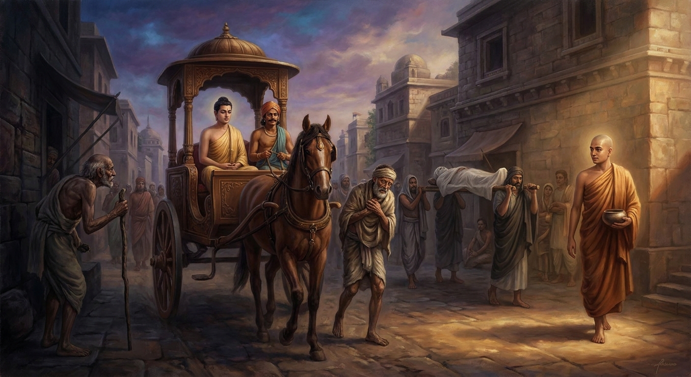 The Four Sights: an old man, a sick man, a corpse, a wandering ascetic — four encounters outside the palace walls that collapse the world Siddhartha had been given to live in.
