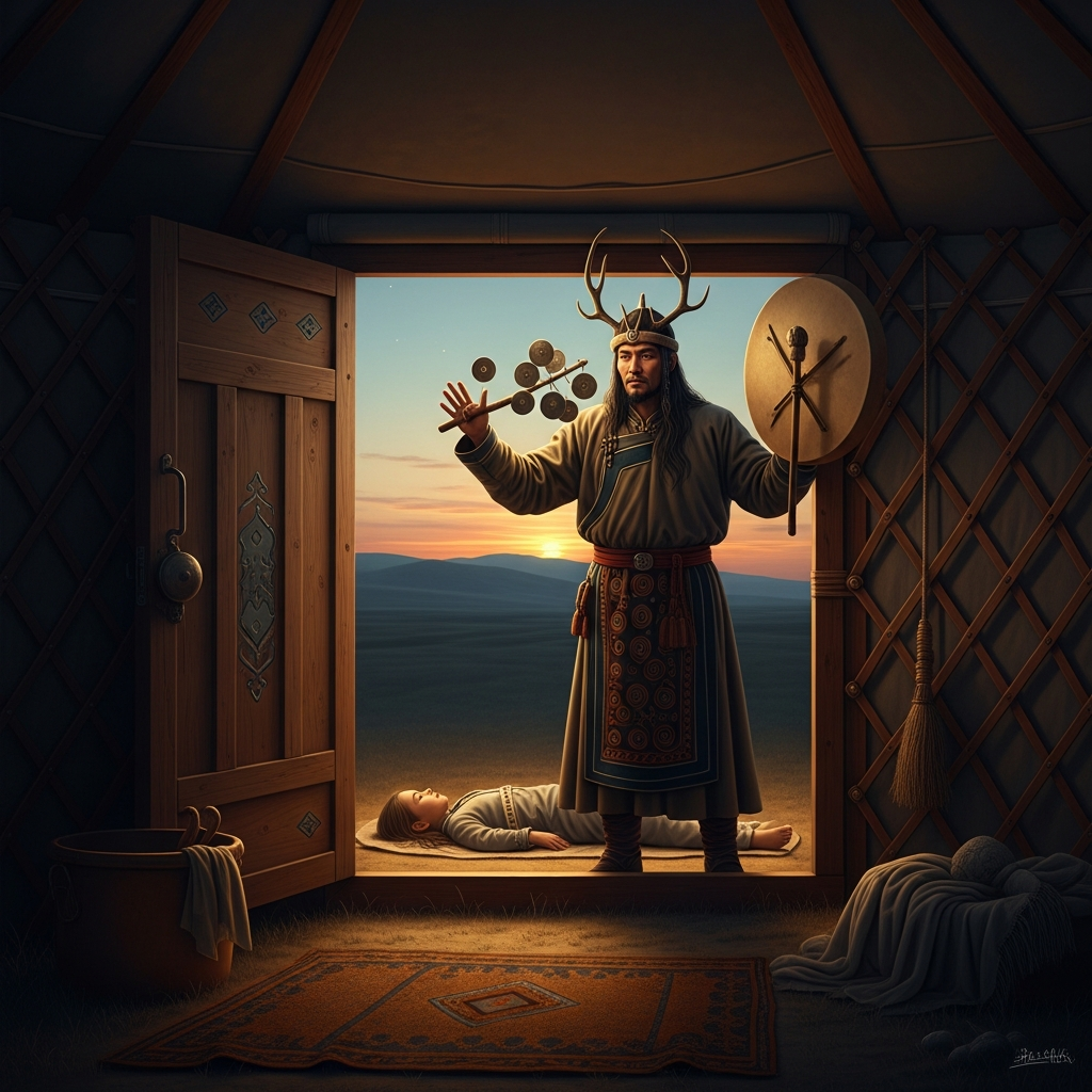 The shaman stands in the ger doorway at dusk, the iron antler crown on his head, the drum held out before him like a shield. The iron discs of his dalia rattle as he breathes. Inside, the child is pale and still. Outside, the steppe is going dark.