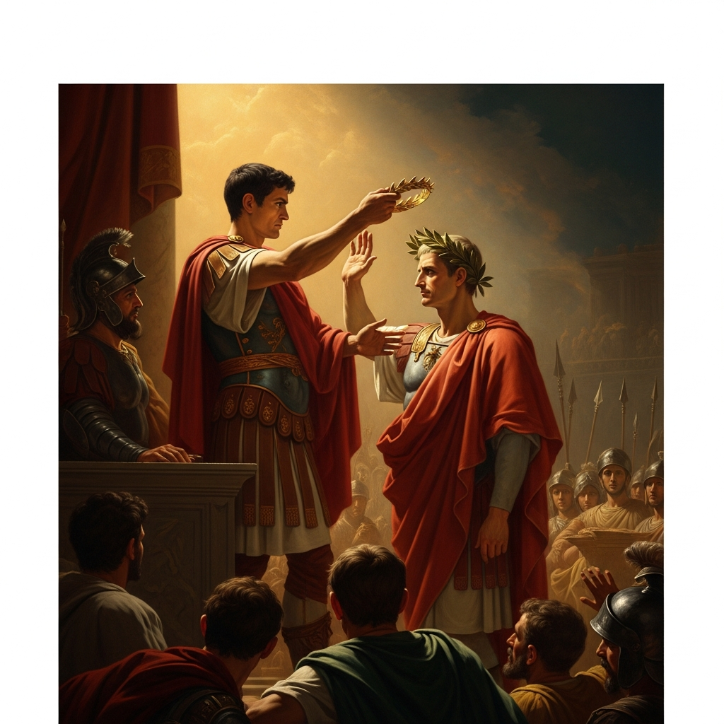 Antony holds the diadem above Caesar's head at the rostra. Caesar's hand moves to push it away. The Forum crowd below them holds its breath.