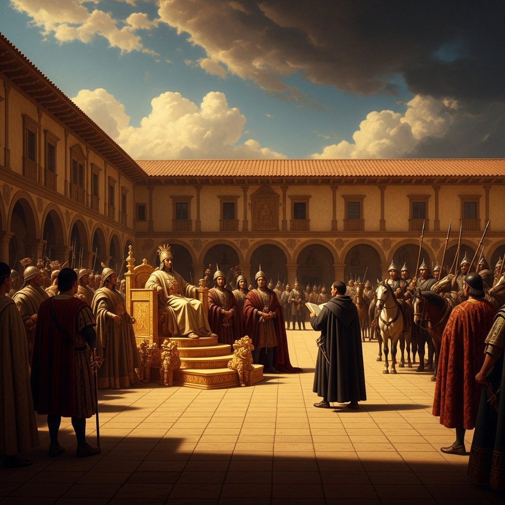 The plaza of Cajamarca on November 16, 1532: Atahualpa in his golden litter, surrounded by his court, watching a Spanish friar approach with a book — and then the ambush breaking from the buildings, the horses and arquebuses, the world ending in an afternoon.