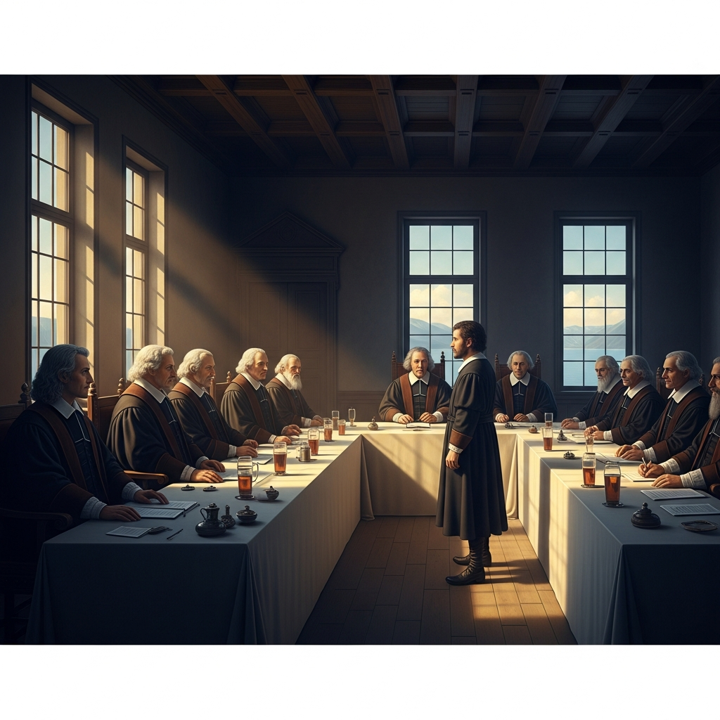 The Consistory chamber in Geneva — twelve lay elders seated at a long table, Calvin at the head, a citizen standing before them accused of dancing at a wedding. The room is cold and meticulously clean. The windows look out on Lake Geneva.