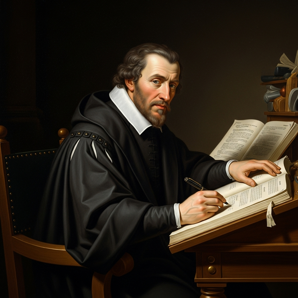 Calvin at his writing desk in Geneva, his Institutes of the Christian Religion open beside him, his pen moving steadily across the page. He is in his forties and already dying of the gout, pleurisy, and kidney stones that will kill him at fifty-four. He does not stop working.