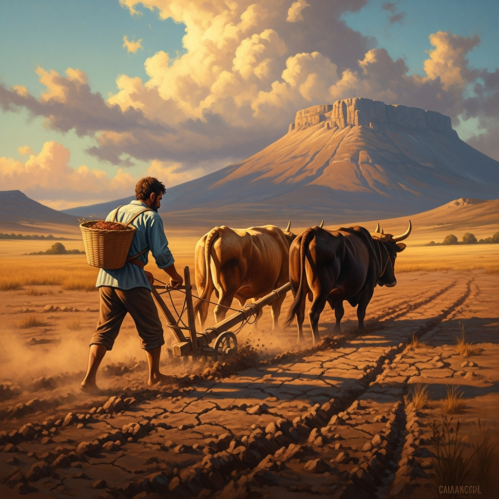 A Canaanite farmer drives his ox-plow through the cracked earth of the Jezreel Valley at the turn of the season, the first autumn clouds gathering above Mount Carmel behind him, the seed basket at his hip.