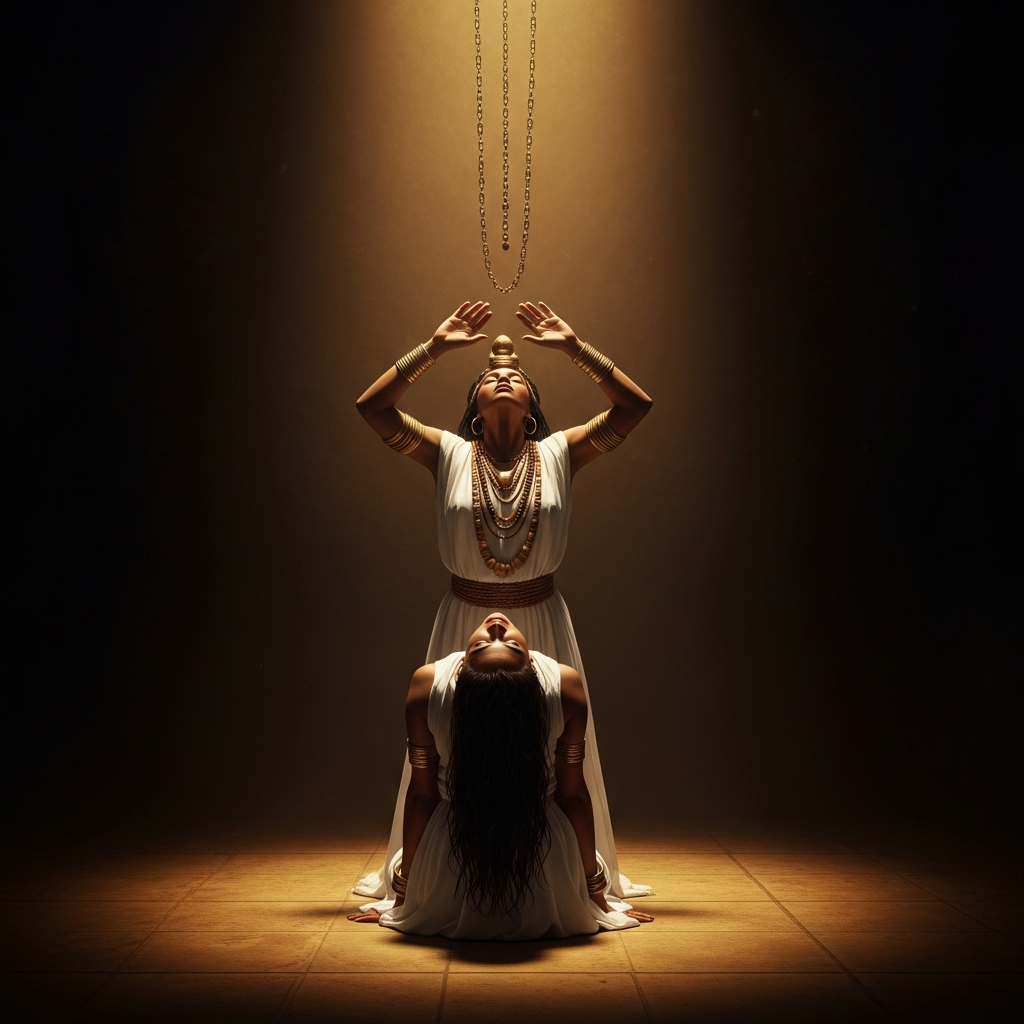 The iawo — the initiated devotee — shudders and stills as the orisha descends. Her head drops back. Her arms rise into the posture the orisha has always occupied: a gesture older than this room, older than Brazil, older than the crossing.
