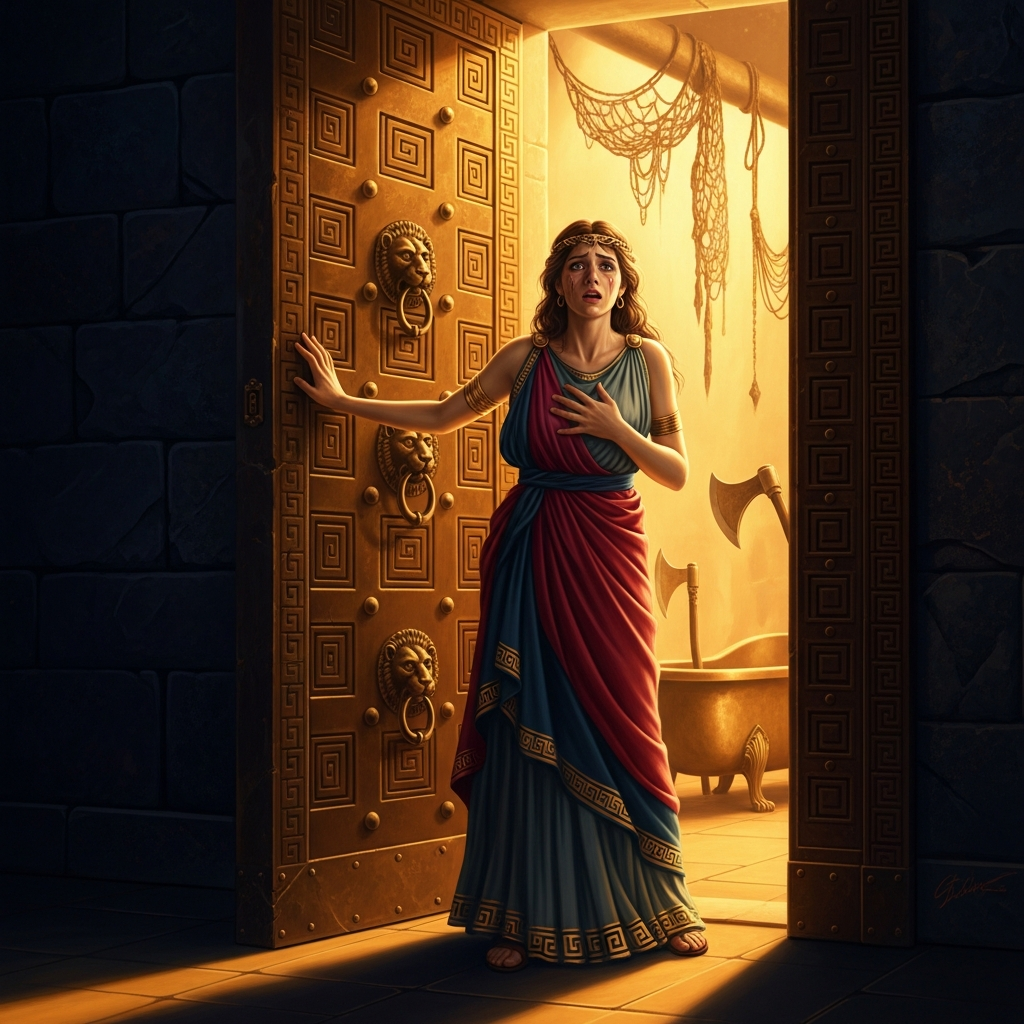 Cassandra stands at the palace door and refuses to enter — she sees what waits inside, the bath, the net, the axe — and then she enters anyway.
