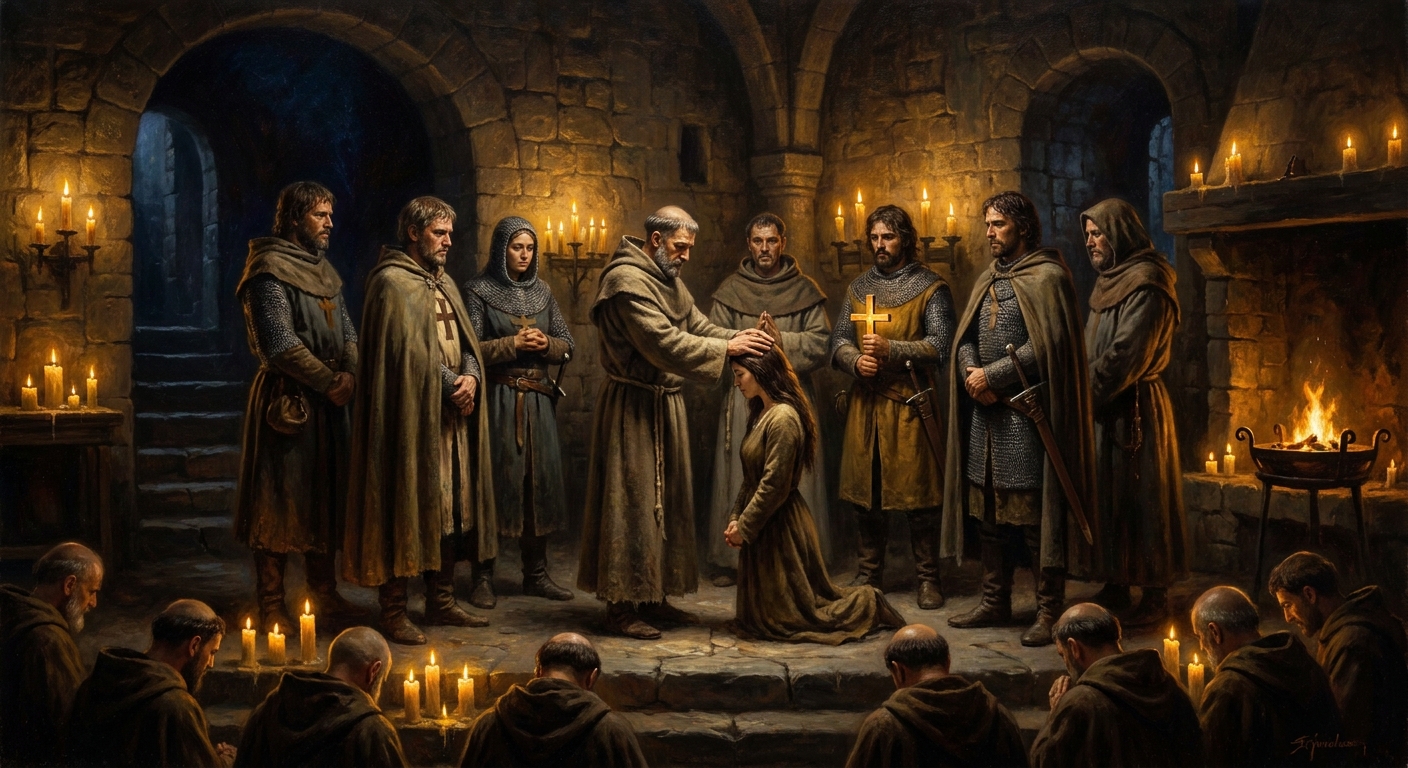 The night before the surrender: the *consolamentum* given to twenty-one knights and women who choose to walk into the fire alongside the perfecti.