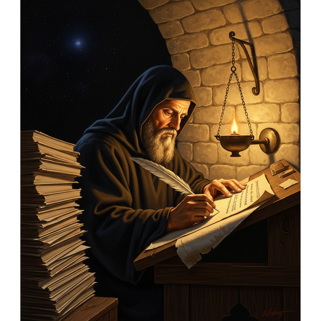 The Caves Lavra, Kiev, ~1112 — Nestor at a slanted writing desk in a chalk-walled cell, quill scratching, oil lamp guttering, parchment piled to his elbow