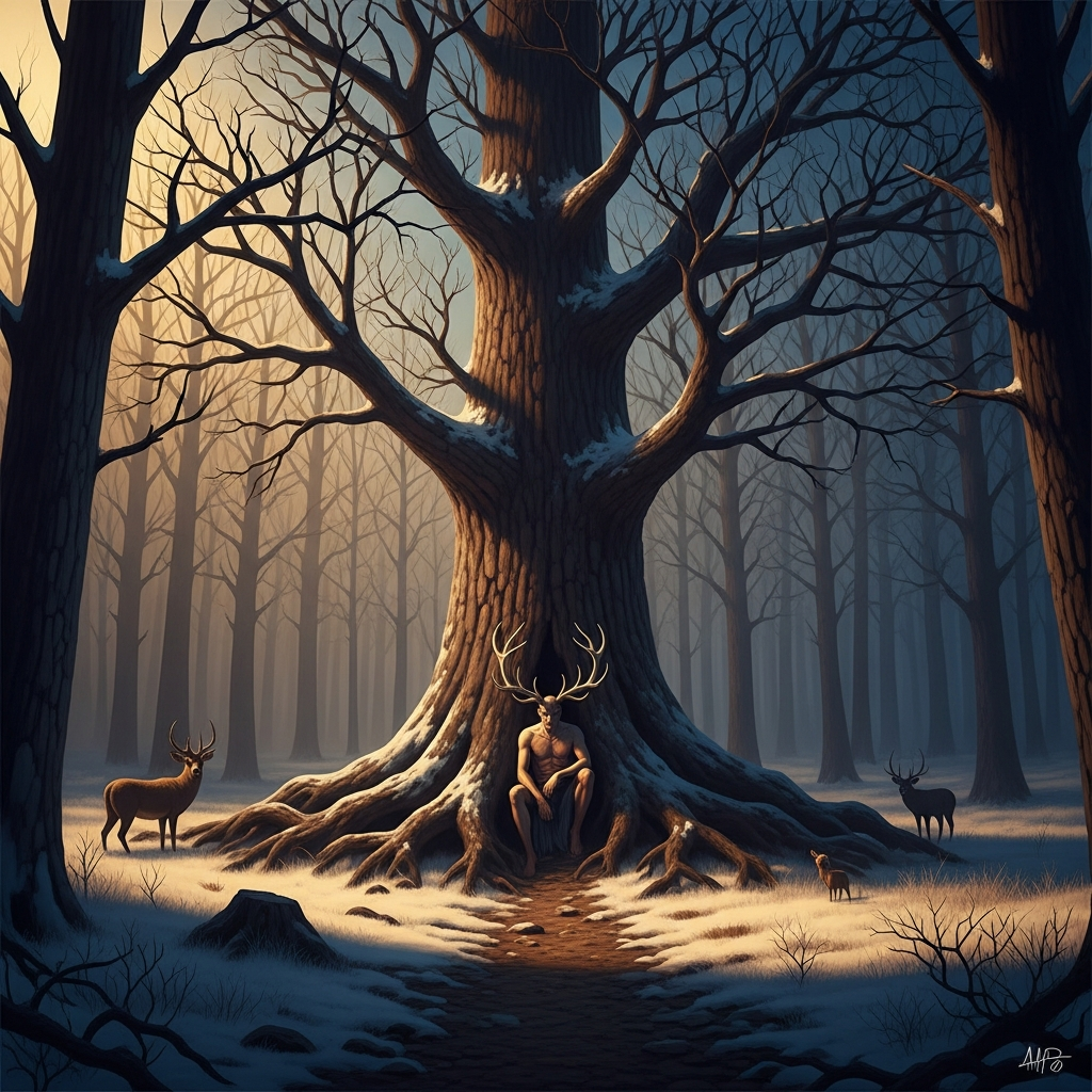 Deep winter forest, bare oaks, a figure seated at the root of the largest tree. The antlers on his head are not a costume. The animals around him do not run. This is the centre of the wild country, the place the paths do not reach.