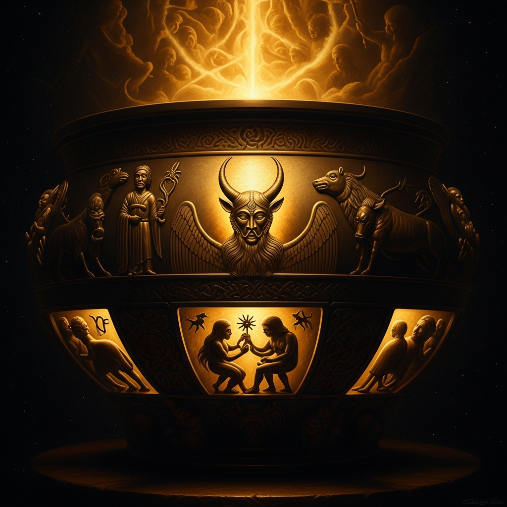 The Gundestrup Cauldron's inner plate: Cernunnos cross-legged, torq in one hand, serpent in the other, antlers branching from his skull, every animal in the forest gathered around him as if by magnetism. The image is silver, hammered from the inside. Nothing is hunting anything.