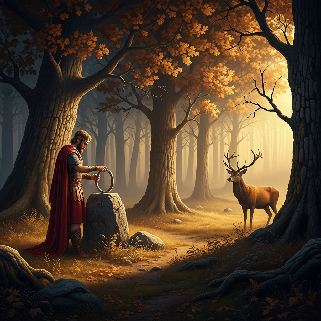 The Gaulish noblemans preparation at dusk: the oak grove, the torq being placed on the stone, the first breath of winter in the air. The stag at the edge of the trees, neither fleeing nor approaching. The threshold moment before the season turns.