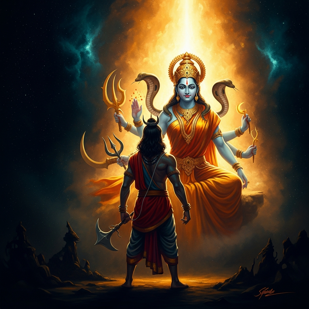 Chand Saudagar stands before Manasa's clay image at the riverside shrine, his right hand clenched at his side. His left hand extends a single flower toward the goddess. His face is fury and grief in exact proportion. Behula stands behind him. Lakhindra stands behind her, alive.