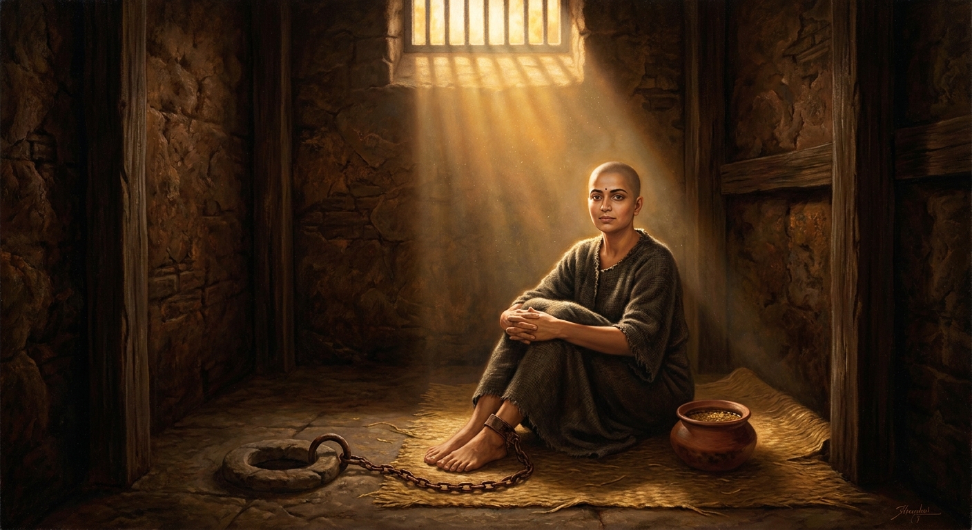 Mūla, the merchant's jealous wife, shaves Chandana's head and chains her in the cellar with no food and no water. The chains will stay on for three days. The fast — through *abhigraha*, an unspoken vow — will last six months.