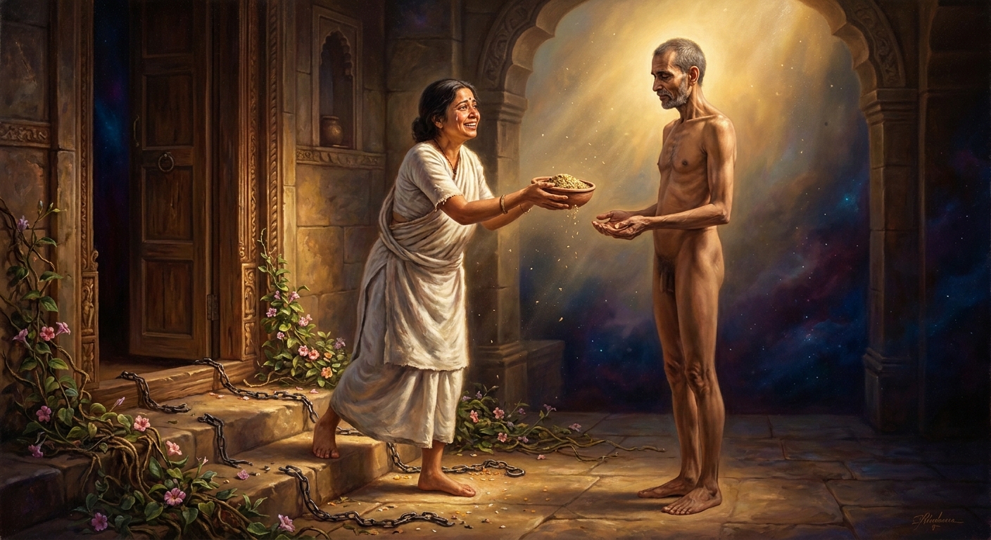Day 175 of the fast. Half-inside the doorway, half-outside, with iron chains, shaved head, weeping eyes, and a clay potsherd of boiled black lentils. Mahavira walks past — and turns back.