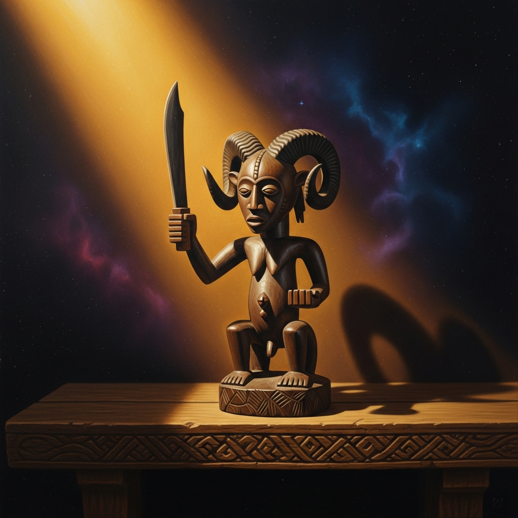 The ikenga sits on its shelf: carved hardwood, twin-horned, one hand raised with a machete and one cupped open. It is the altar of will, the place where a man's chi can be addressed and consulted.
