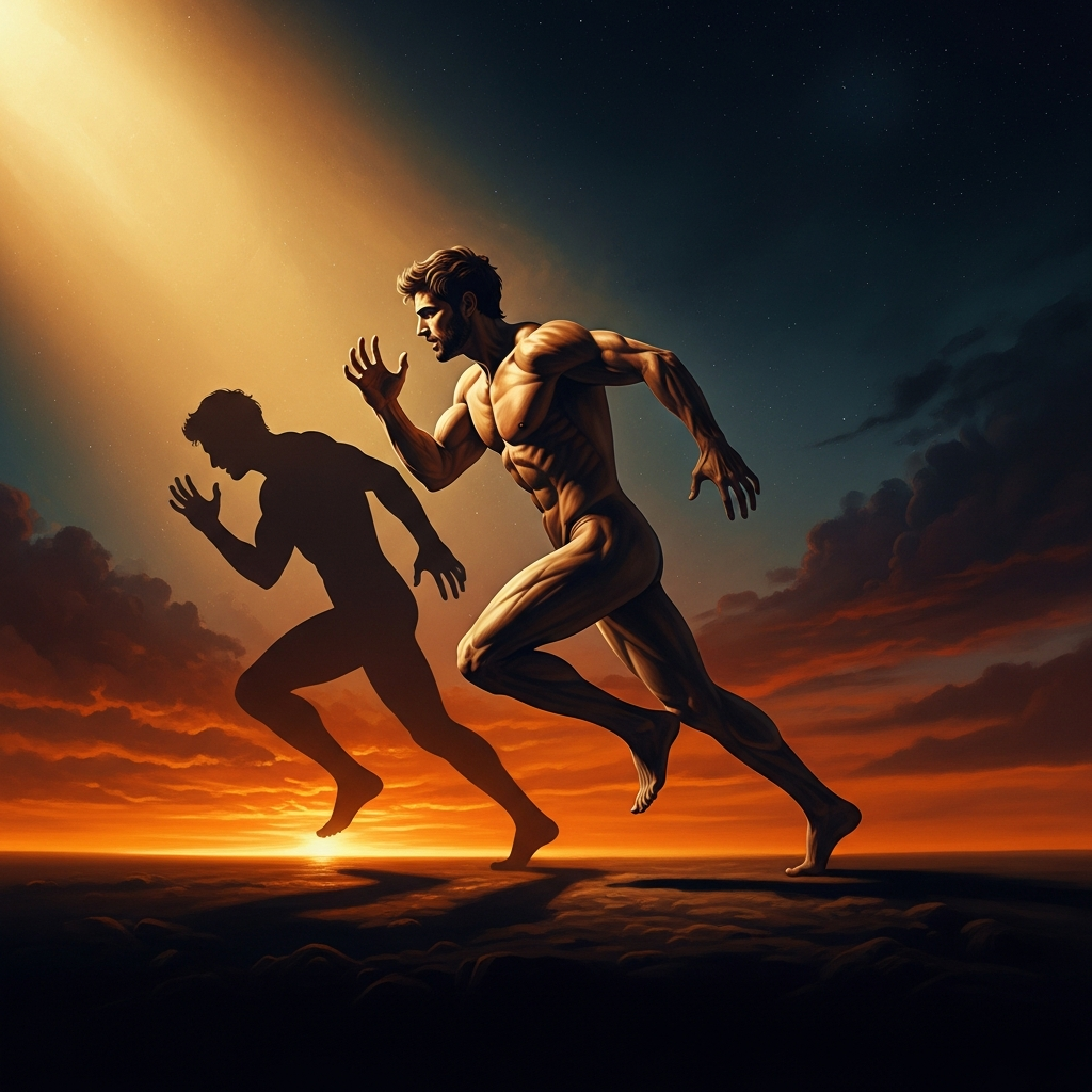 A man strides forward against a sky turning dark, muscles locked, jaw set. The shadow behind him has a slightly different posture — calmer, already knowing something the man refuses to accept.