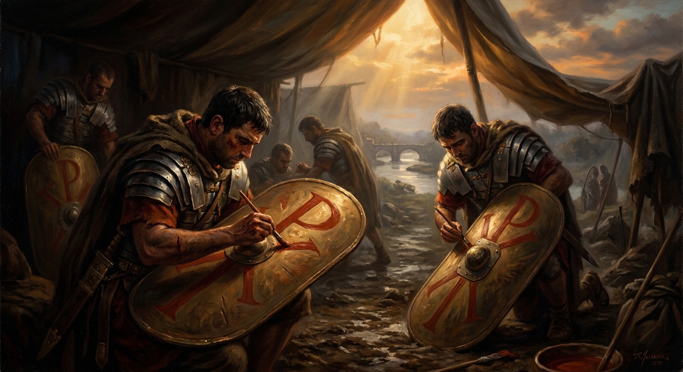 By torchlight the night before battle, legionaries paint the Chi-Rho — ☧, the overlapping first letters of *Christos* — onto their shields. It is not the sign of a god most of them know.