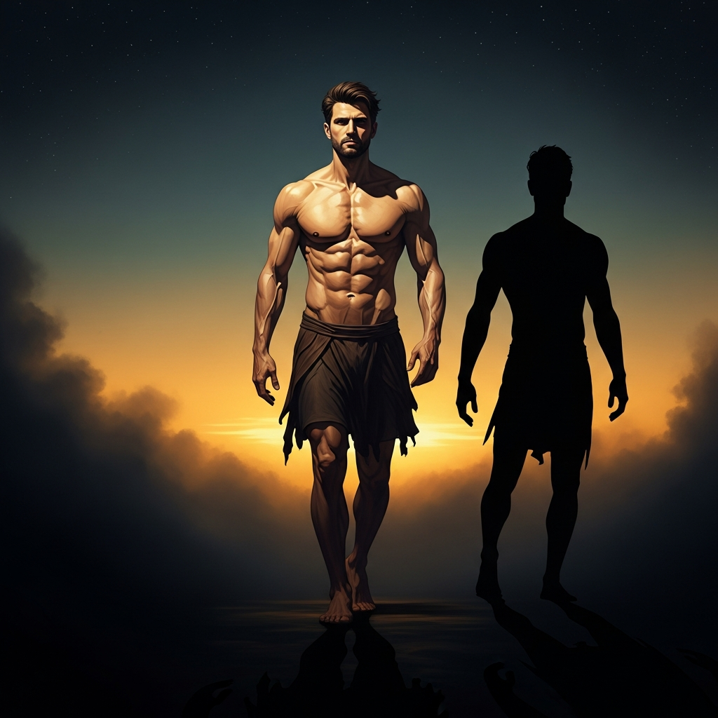 A man strides forward against a darkening sky, muscles locked, jaw set. The shadow behind him has a slightly different posture — calmer, already knowing something the man refuses to accept.