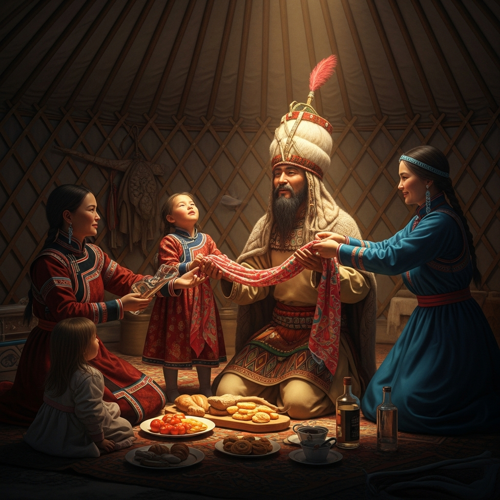 The child opens her eyes in the ger and asks for food. The shaman returns to his body slowly, like a man surfacing from deep water. The family pours vodka and the mother presses a silk scarf into his hands.