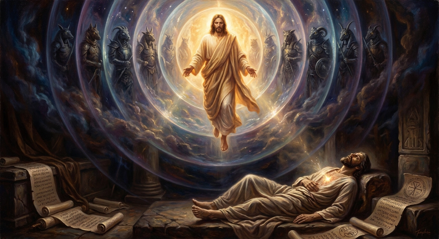 Christ the Aeon descends through the seven heavens, slipping past each archon, to wake the divine spark sleeping in Adam.