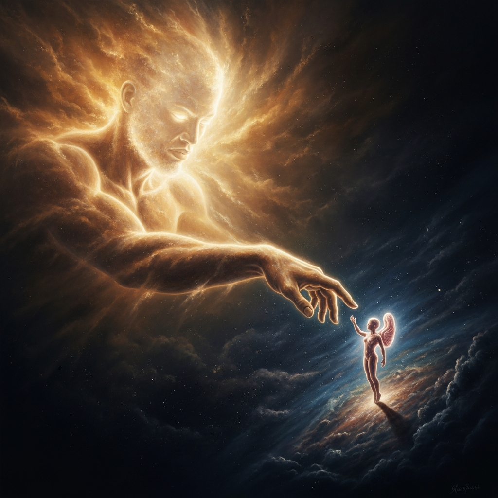 Chukwu breathes a fragment of himself into a new soul at the threshold between the divine and the world of men — two figures, one vast and luminous, one small and new, the agreement made before the forgetting begins.
