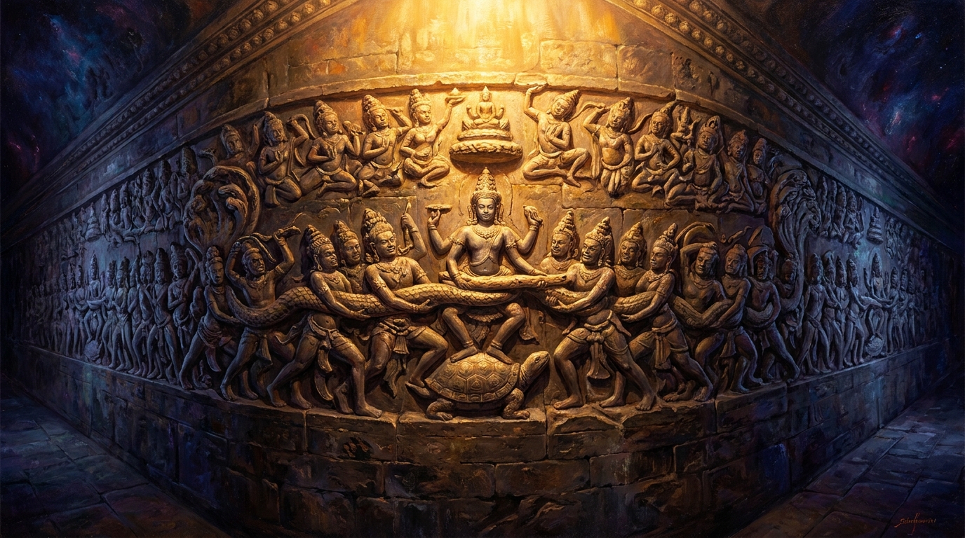 The eastern gallery's southern half: forty-nine meters of bas-relief showing eighty-eight asuras and ninety-two devas pulling the serpent Vasuki, coiled around Mount Mandara, churning the cosmic ocean for a thousand years to extract amrita, the elixir of immortality. Vishnu stands at the center as both turtle below and god above, holding the mountain steady.
