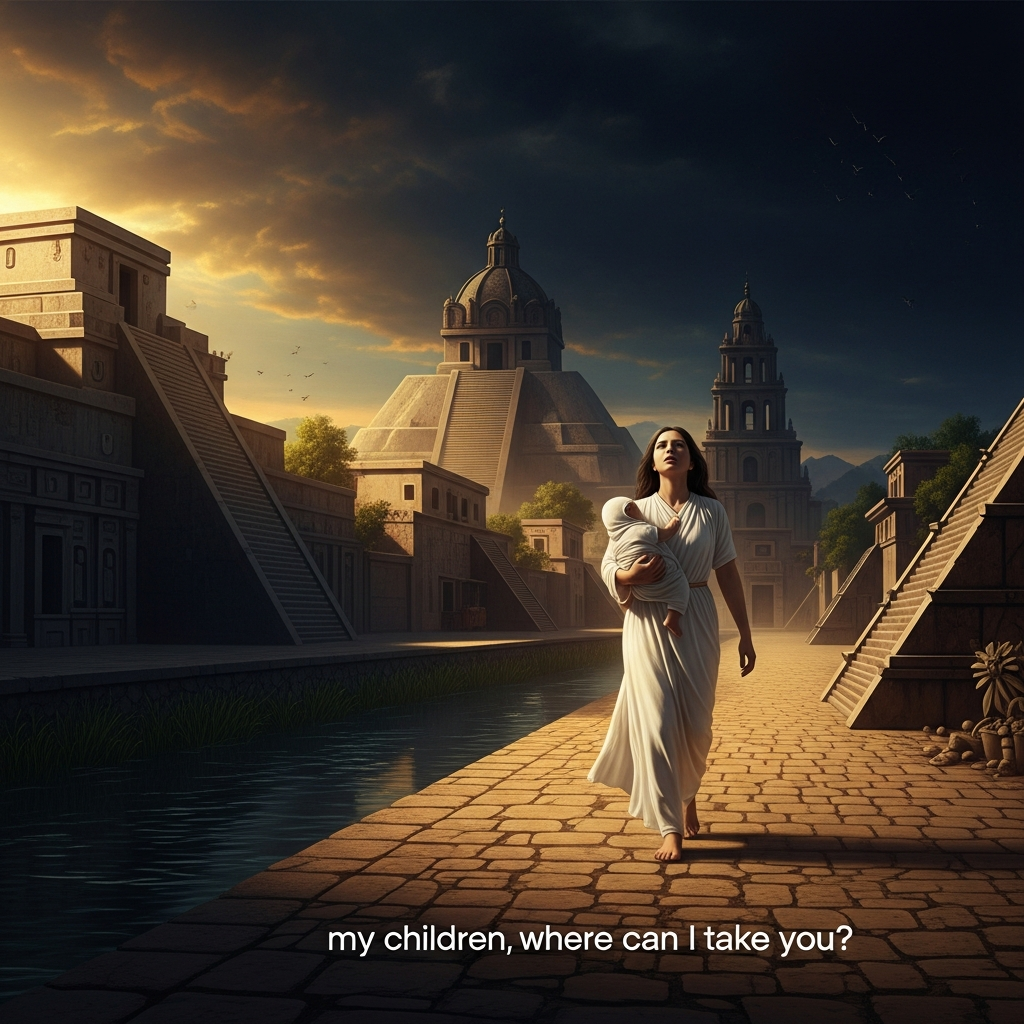 The white-clad woman moves through the dark streets of Tenochtitlan before the fifth great death. She carries no child. She carries the absence of the child she cannot save. Her cry rises over the canals and the temple pyramids and the sleeping city: my children, where can I take you?