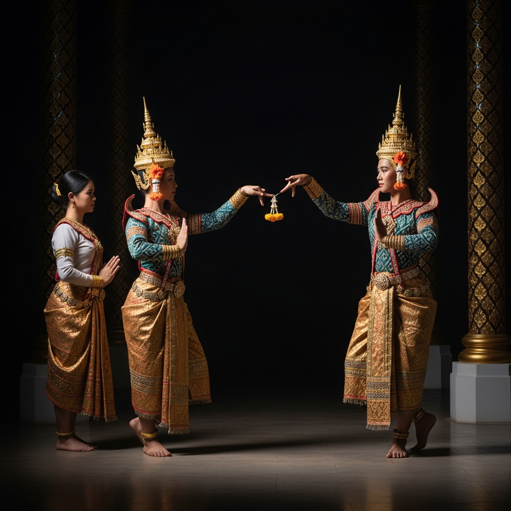 The hired classical dancers at the Erawan Shrine, performing the khon repertoire in full costume — gilded headdresses, silk brocade, the precise hand gestures of a tradition trained for the court. The petitioner who commissioned them stands to the side, watching. Phra Phrom watches from above. The dance is the payment. The contract is being honored in real time.