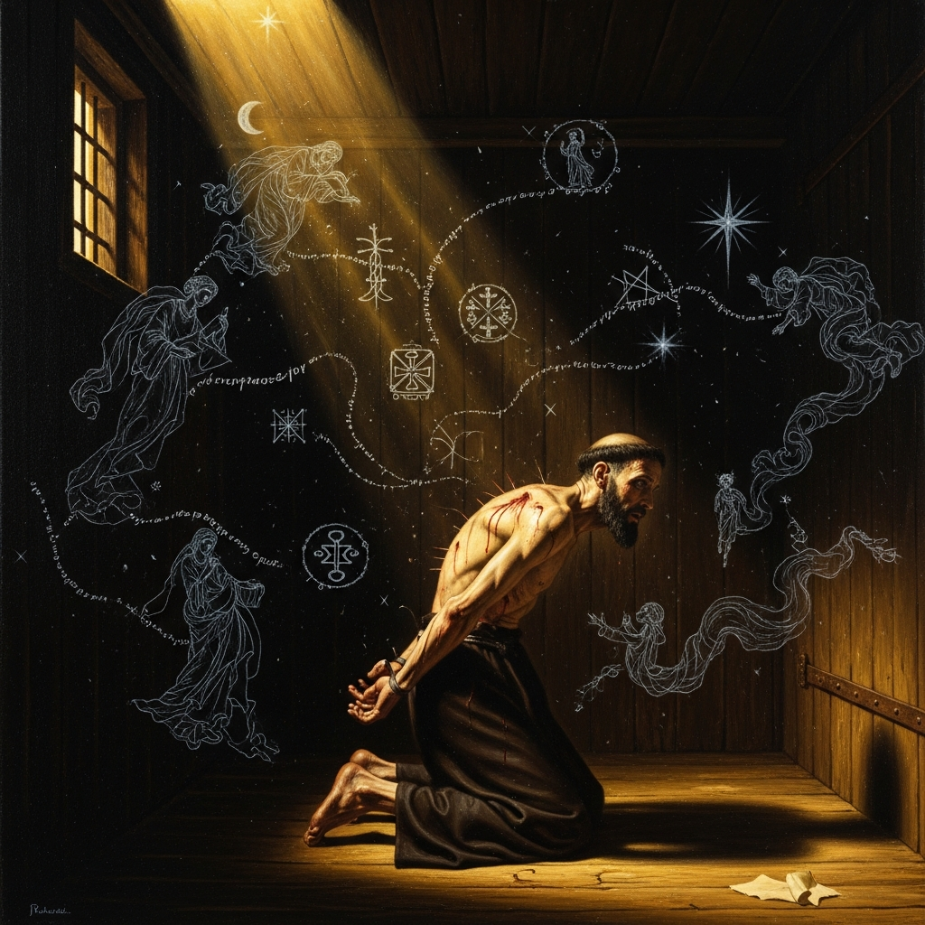 The closet — nine months in the dark, weekly scourging, the *Spiritual Canticle* composed line by line in memory