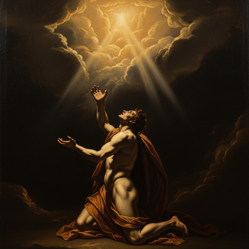 A figure kneeling in the dark, the cloud above — the naked, blind impulse of love pressing upward into what cannot be known.