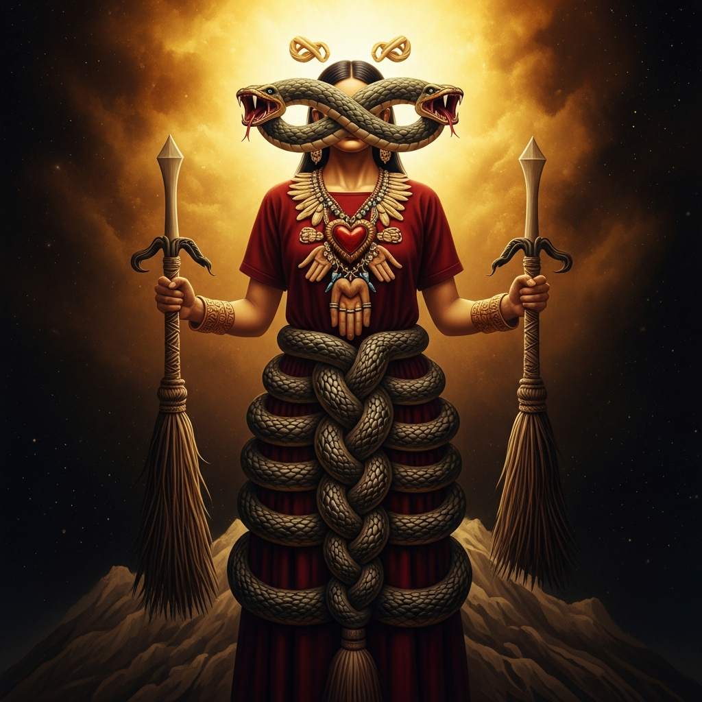 Coatlicue on Serpent Mountain: her skirt of braided snakes, her necklace of hearts and hands, her face of two serpent heads facing each other across the space where a human face would be. She is the earth — the source of life and the receiver of the dead — and she is sweeping.