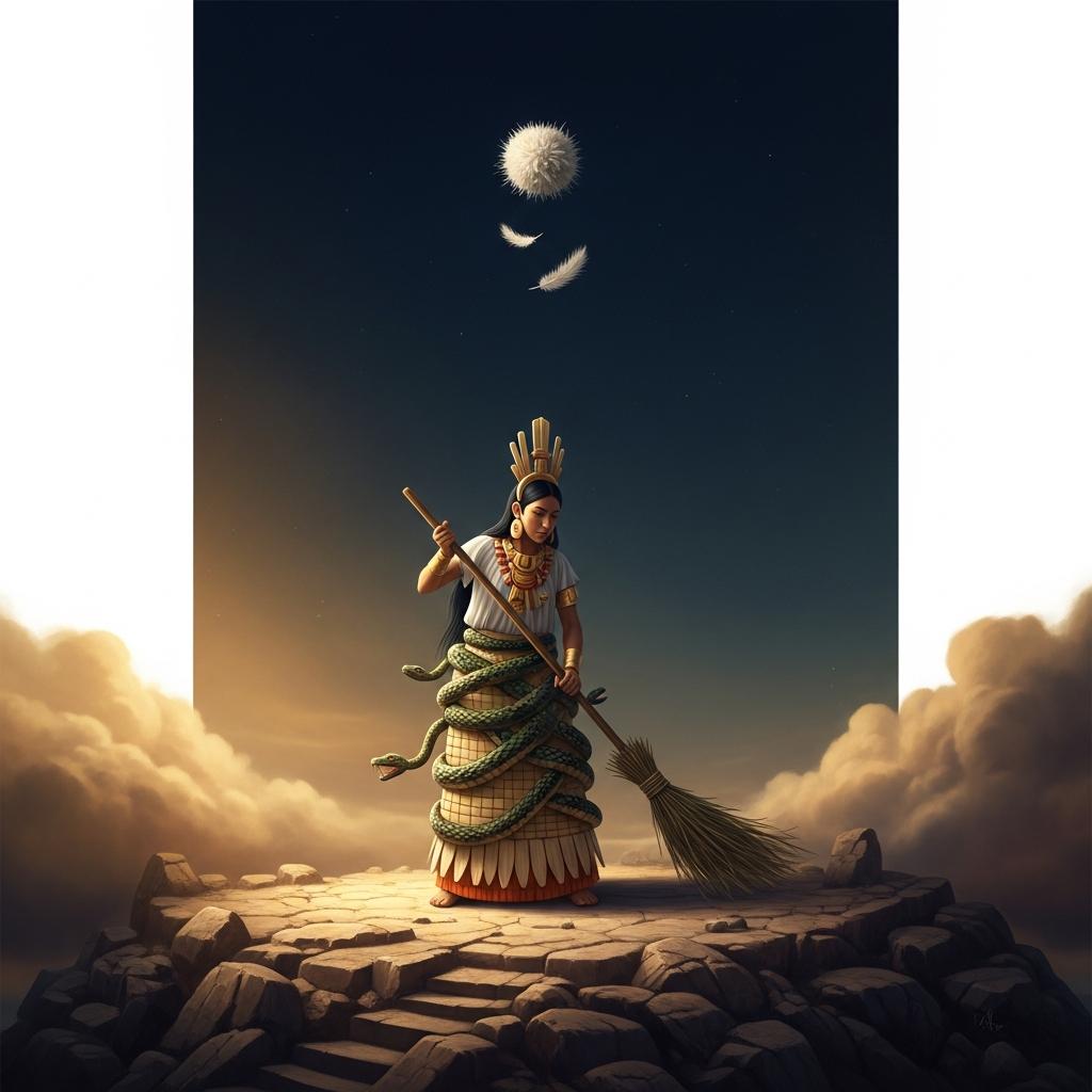Coatlicue in her skirt of woven serpents, sweeping the summit of Coatepec with a broom of grass. A ball of white feathers descends toward her from the sky. The surrounding stone is worn smooth by generations of ritual sweeping. She is alone.