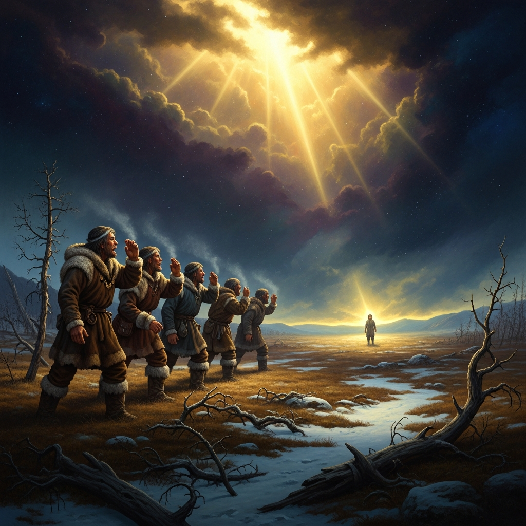 Hunters in a line across the tundra, calling a child's name into the wind. The blizzard is building from the north. The angakkuq moves apart from the group, his eyes closed, traveling somewhere else while his body continues to walk in the snow.