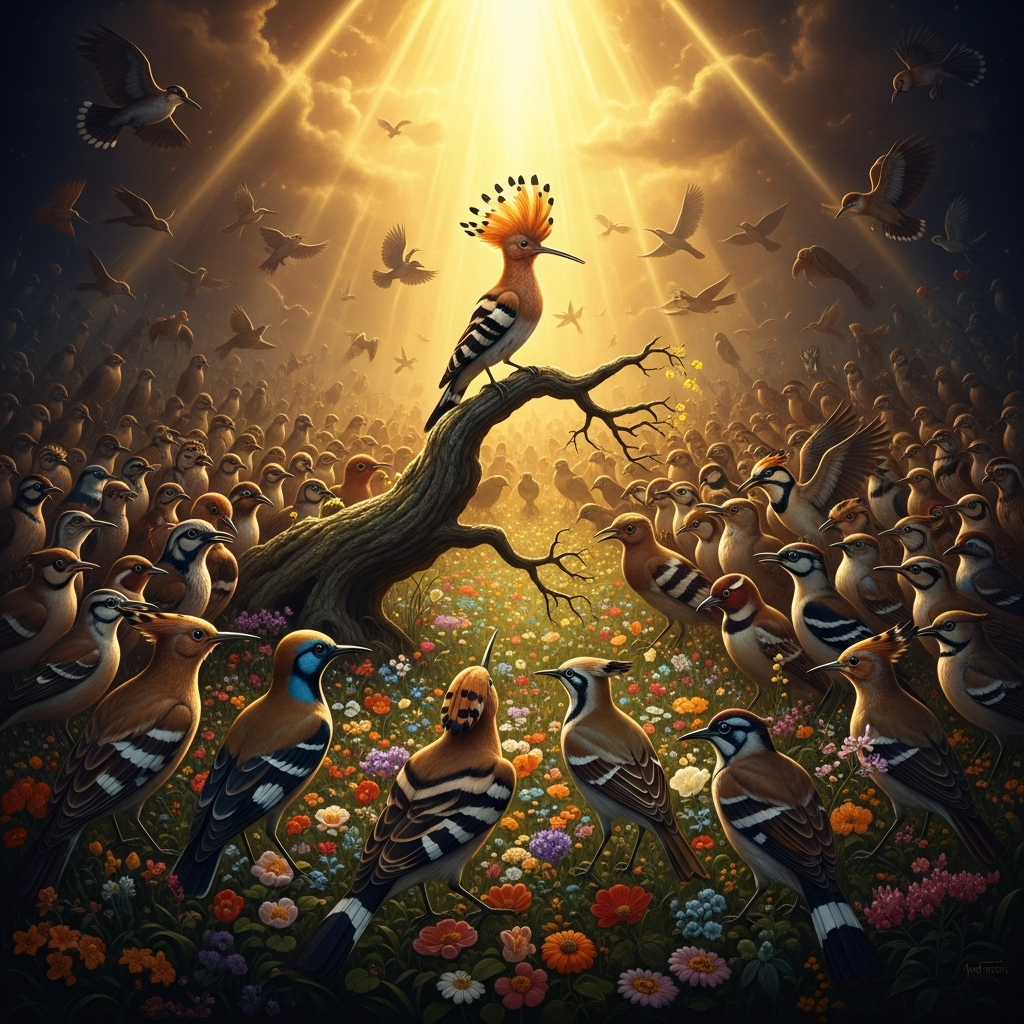 The hoopoe addresses the assembly of birds — thirty thousand species gathered in the meadow of color and scent, every kind of winged creature the world contains, each with an excuse for staying.
