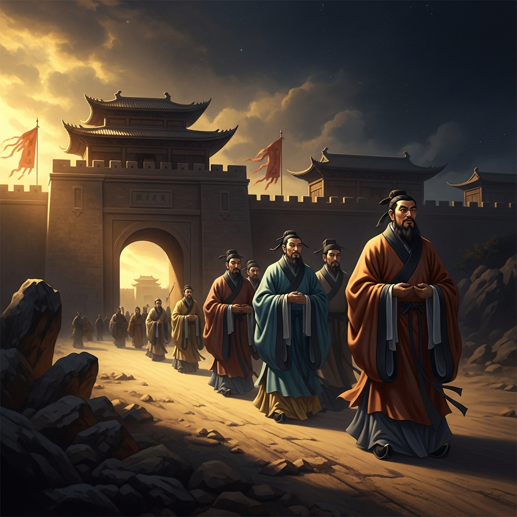 A court official turns away the sage at the palace gate; Confucius stands in the rain, unhurried, certain he is right.