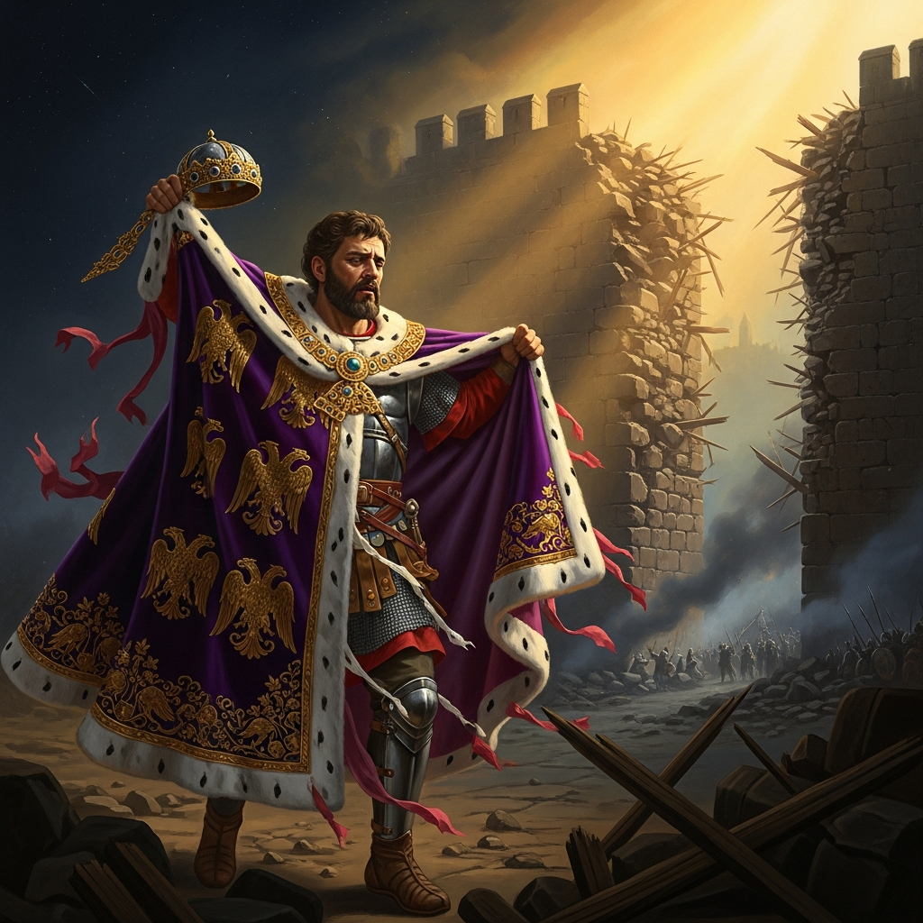 Dawn, May 29, 1453. Constantine XI Palaiologos, last Roman Emperor, tears off his purple regalia and the imperial buskins, draws his sword, and runs into the breach at Saint Romanos Gate. He is forty-nine years old. He has reigned for four years. He has no son. No one ever finds his body.