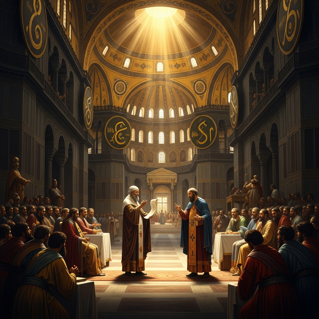 Constantinople, 1341 — Gregory Palamas standing before the synod, scroll in hand, Barlaam of Calabria opposite him, the Hagia Sophia's mosaics overhead