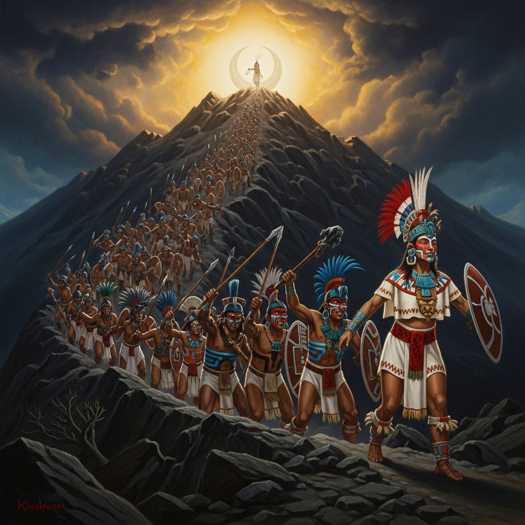 Coyolxauhqui leading the four hundred southern stars down the slopes of Coatepec, weapons raised, their war paint bright in the pre-dawn dark. The mountain is trembling. The attack is almost at the summit.