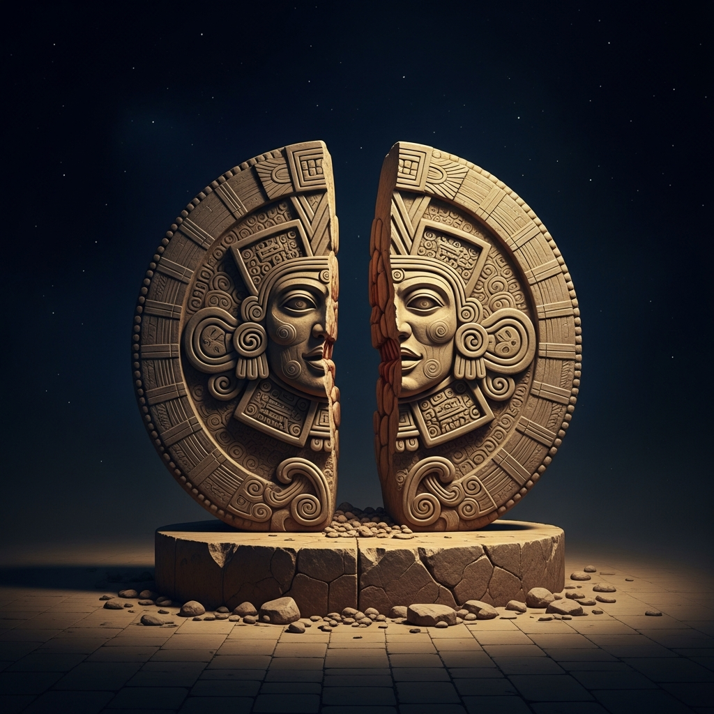 The Coyolxauhqui stone: the great carved disc of the dismembered moon goddess, found in 1978 beneath a street in Mexico City, placed by the Aztecs at the base of the Templo Mayor so that every sacrifice at the summit would fall to land at her feet.